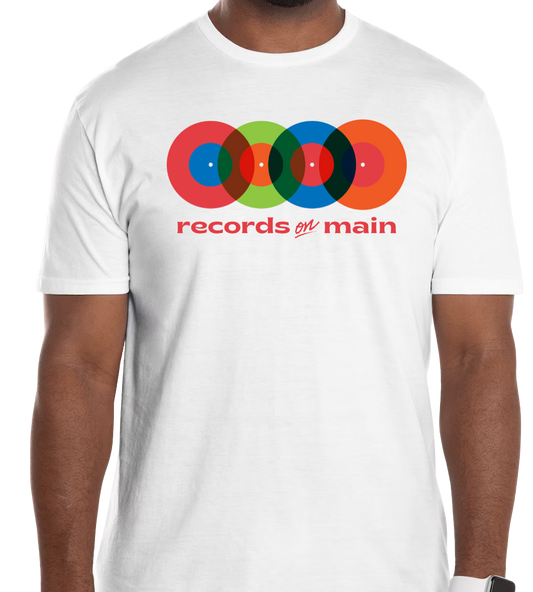White t-shirt with colorful vinyl record design and 'records on main' text